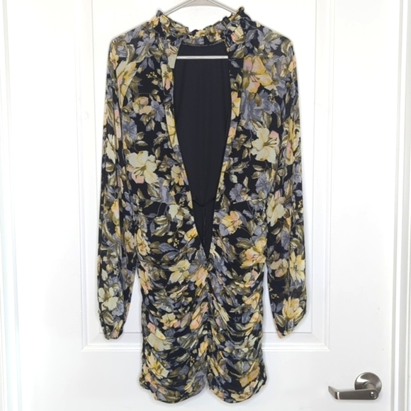 FATE Dark Floral Ruched Bodycon Mini Dress Ruffle Mock Neck Rear Zipper S - Picture 10 of 13